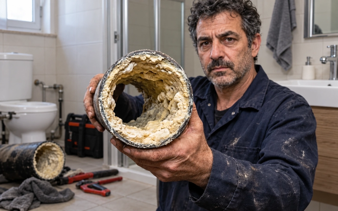 צינור ניקוז חתוך עם הצטברות אבנית וביופילם